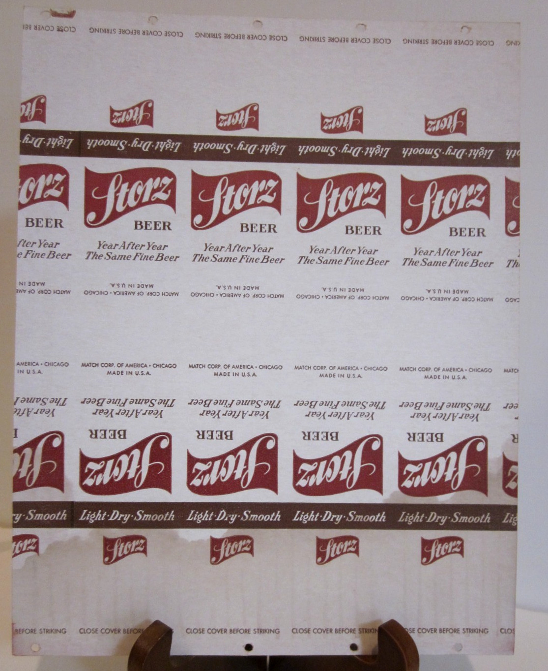 VTG STORZ BEER MATCHBOOK COVERS, CIRCA 1950’S, ON UNCUT CARDBOARD, ~9.5″ x 7.5″