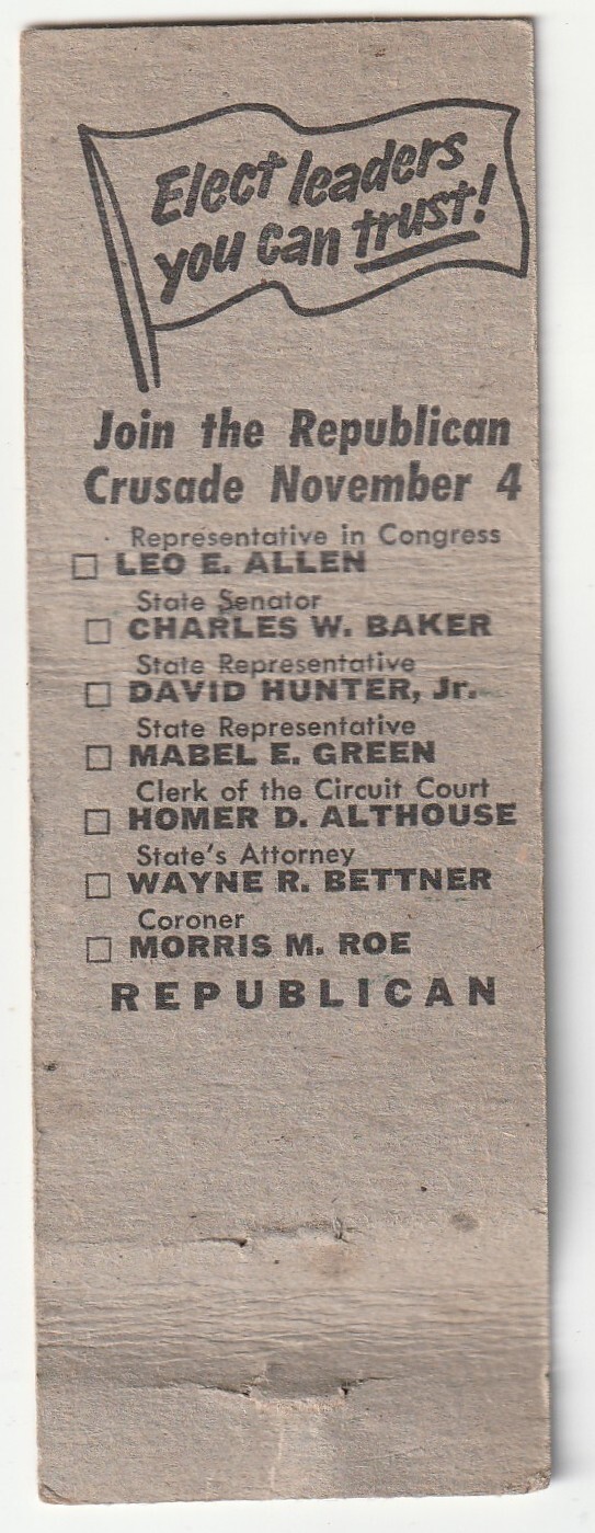 MATCHBOOK COVER – MABEL E. GREEN – STATE REPRESENTATIVE CANDIDATE – ILLINOIS