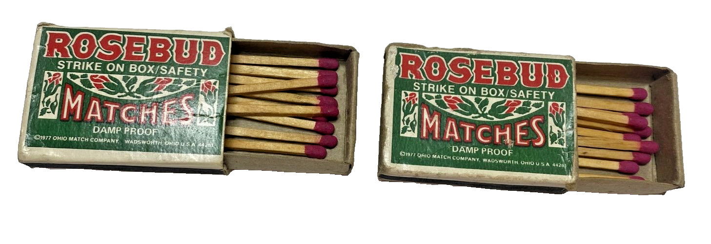 Vintage Set of 2 Rosebud Matches Cardboard Box Case Matchsticks Package – 1977