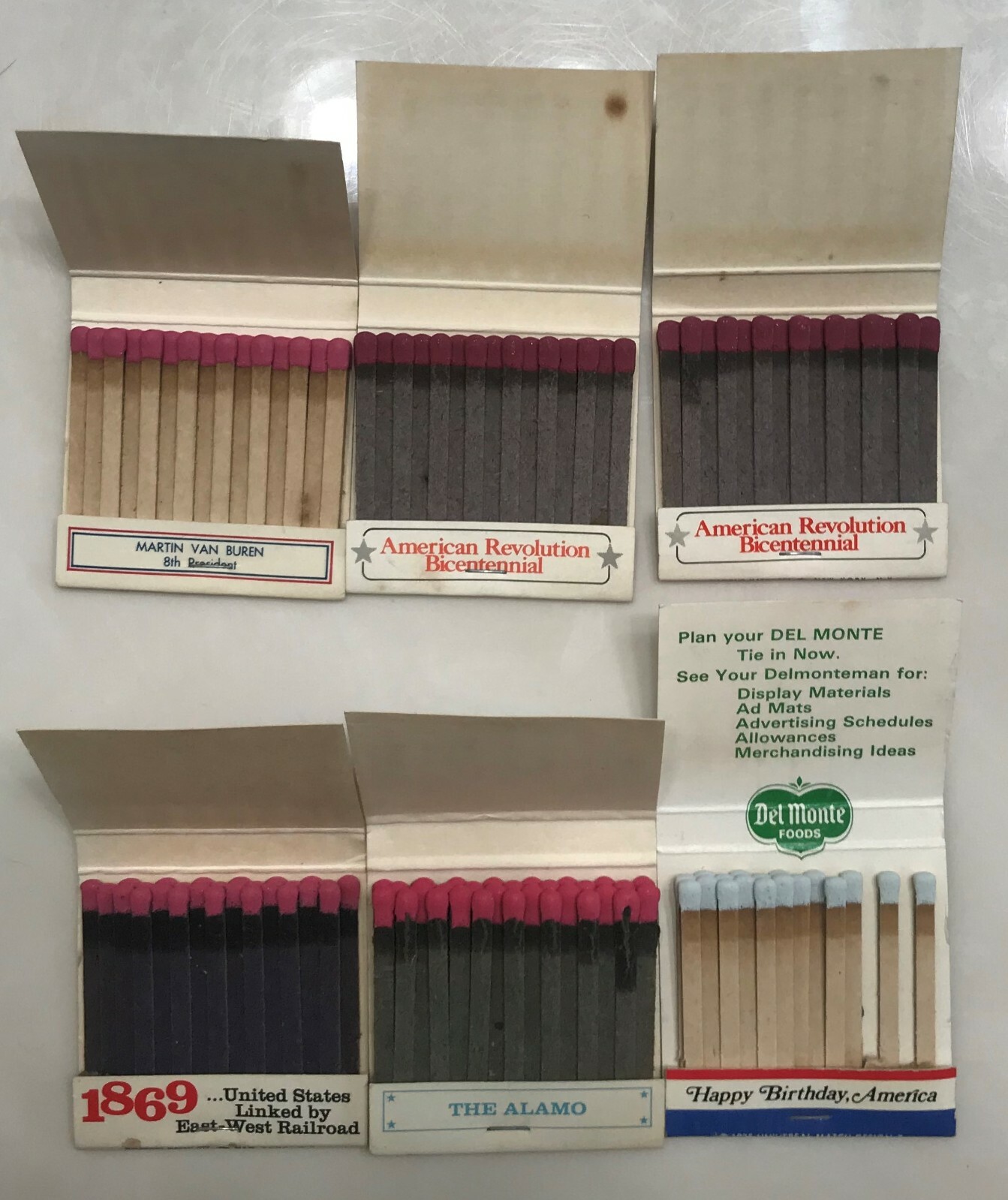 6 United States of America Themed Matchbooks: Bicentennial, President, Alamo+++