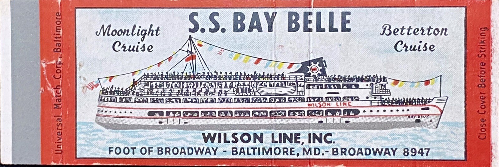 S S Bay Belle Wilson Line Baltimore MD Cruise Vtg Front Matchbook Cover B-2022