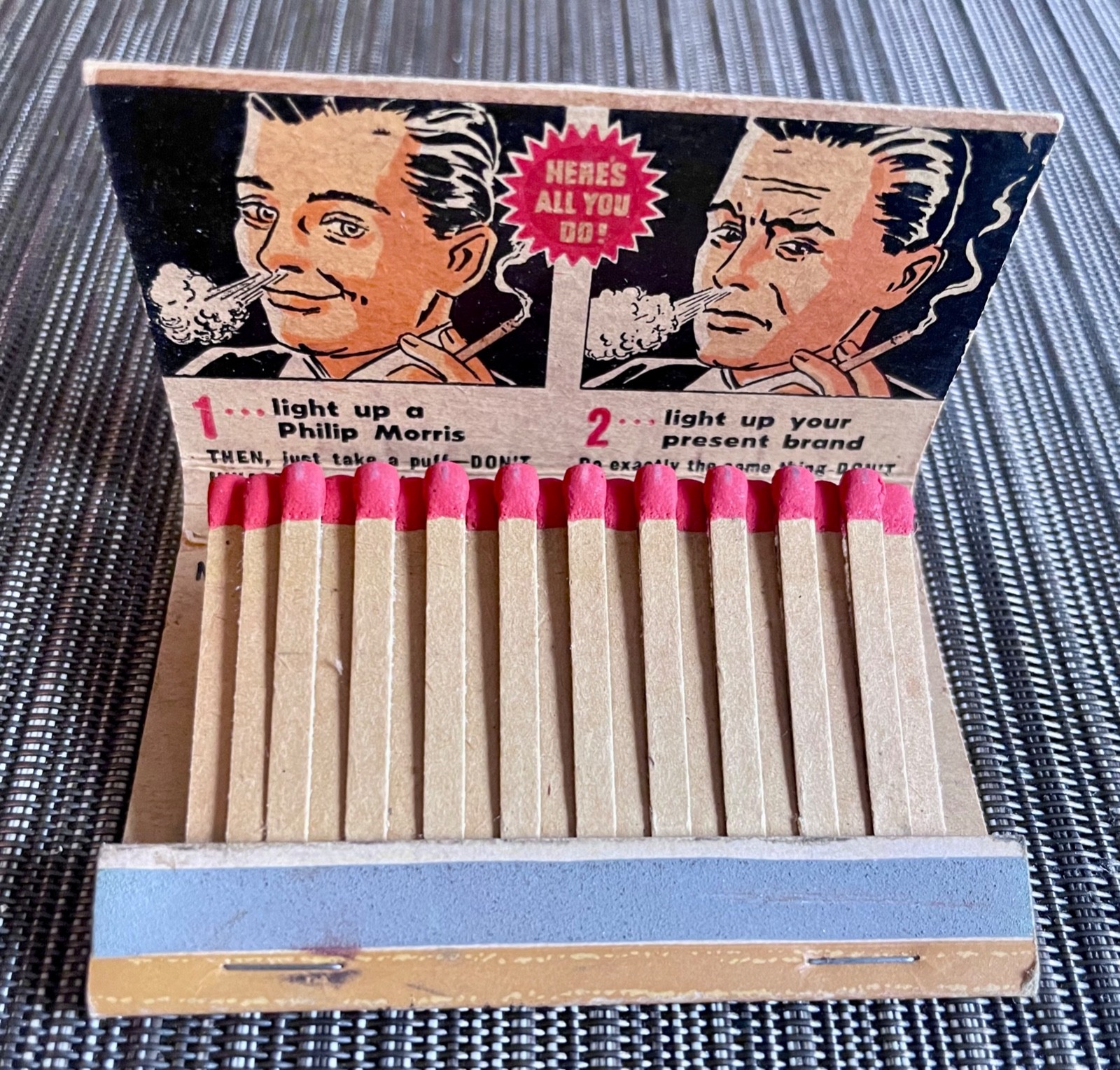 Vintage Phillip Morris Large 40 Matches/Matchbook “No Cigarette Hangover” 1950s