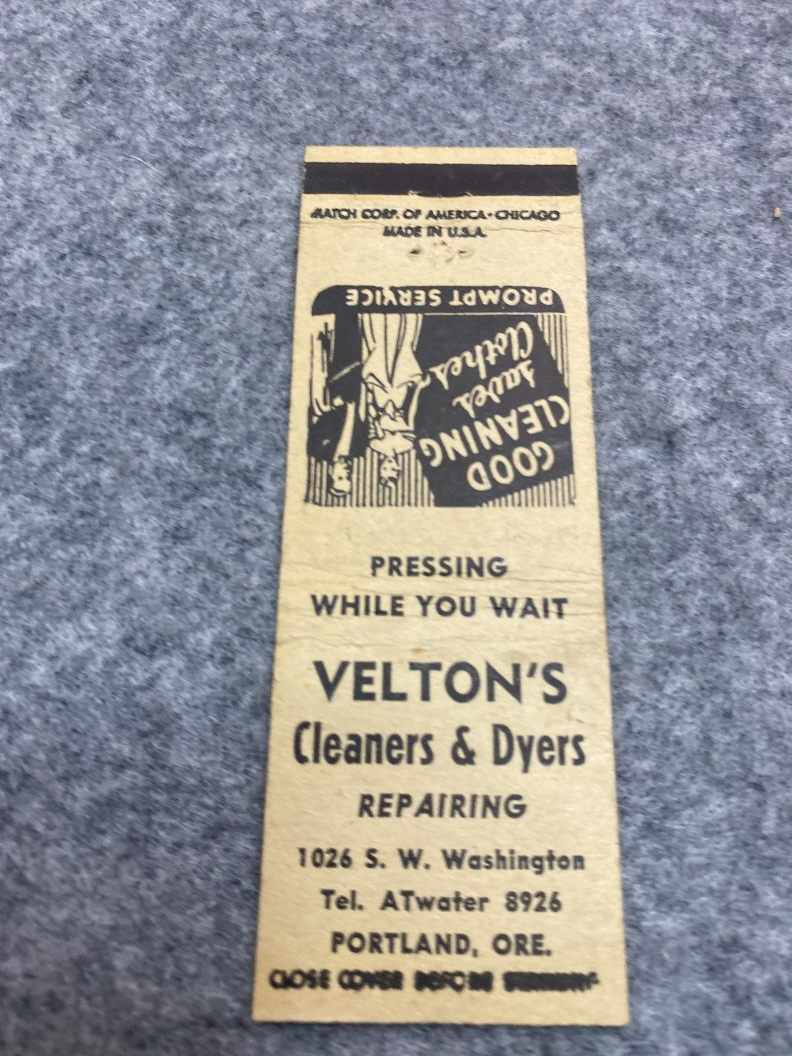 Velton’s Cleaners & Dyers Portland Vintage 1940s Black Print Matchbook