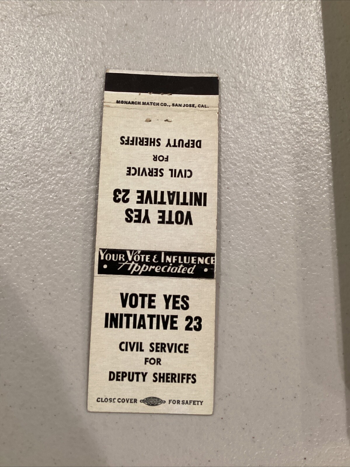Vote Yes Initiative 23 Civil Service For Deputy Sheriffs Ad Matchbook Cover