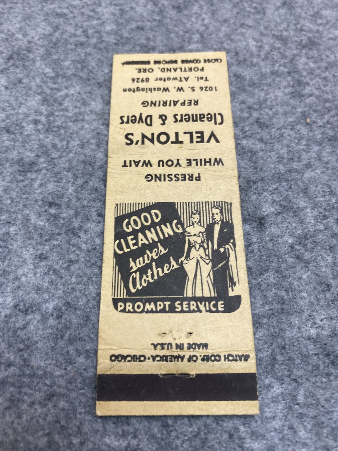 Velton’s Cleaners & Dyers Portland Vintage 1940s Black Print Matchbook