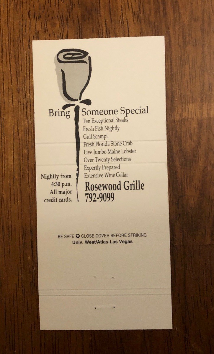 Rosewood Grille Las Vegas, Nevada Matchbook Cover (N1)