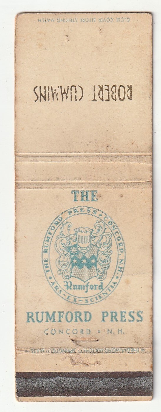 MATCHBOOK COVER – RUMFORD PRESS – CONCORD NEW HAMPSHIRE – ROBERT CUMMINS