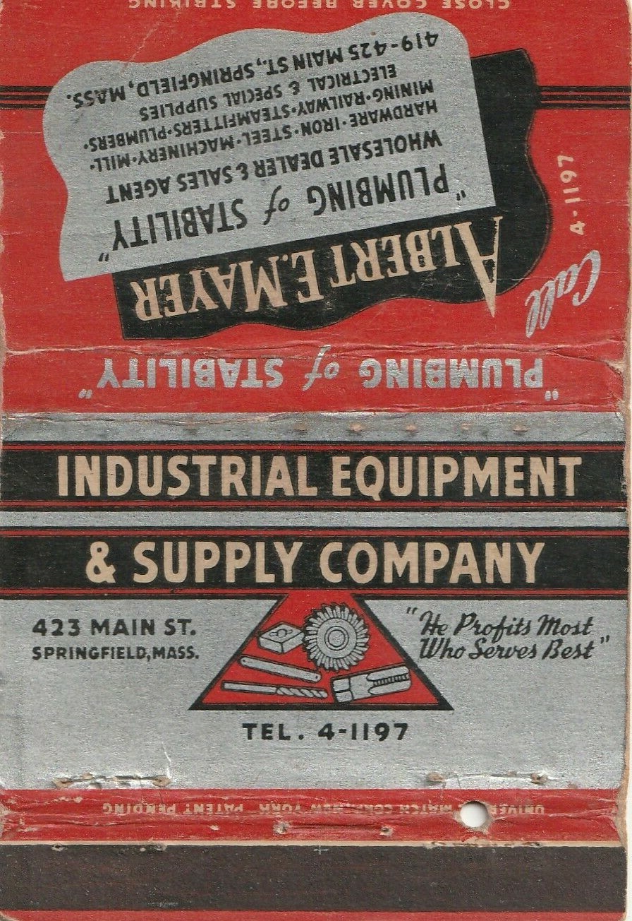 BILLBOARD MATCHBOOK COVER – MAYER PLUMBING & HEATING – SPRINGFIELD MASSACHUSETTS