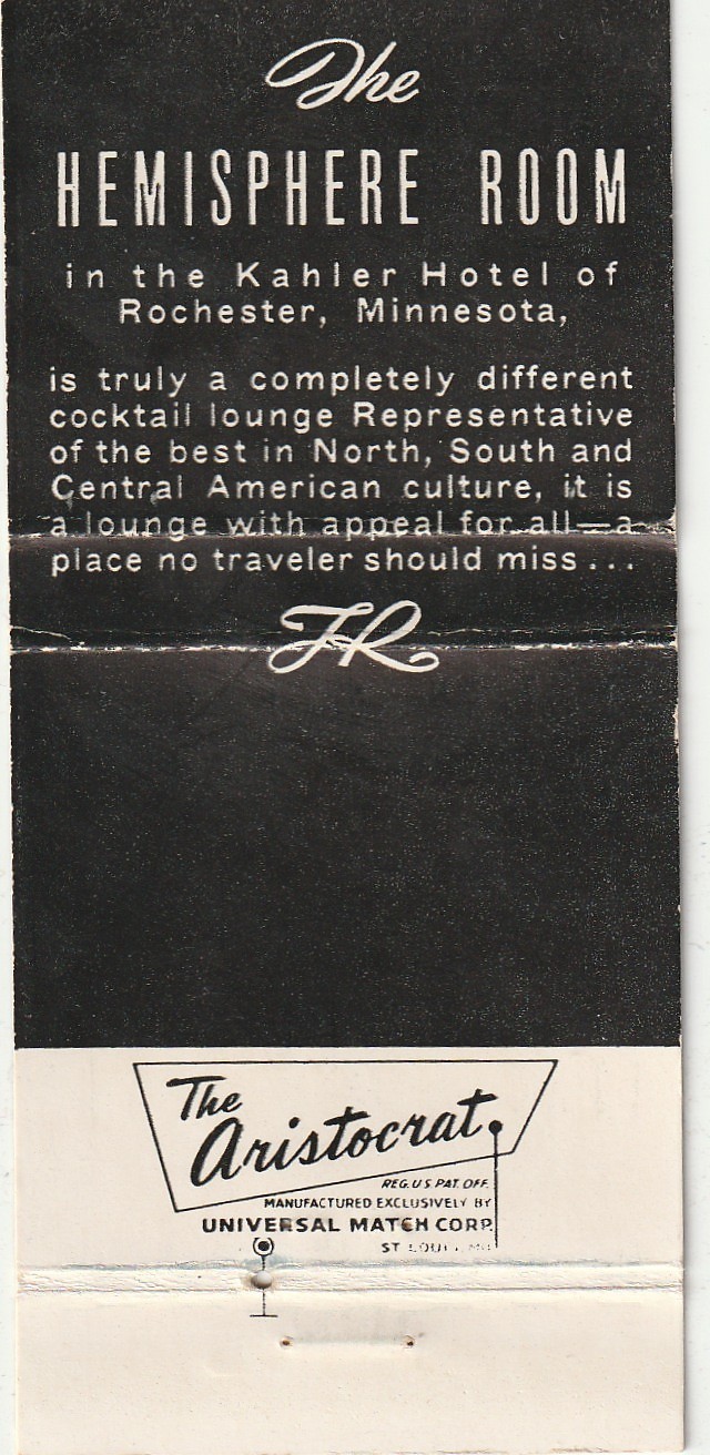 MATCHBOOK COVER – HEMISPHERE ROOM KAHLER HOTEL – ROCHESTER MINNESOTA – UNSTRUCK