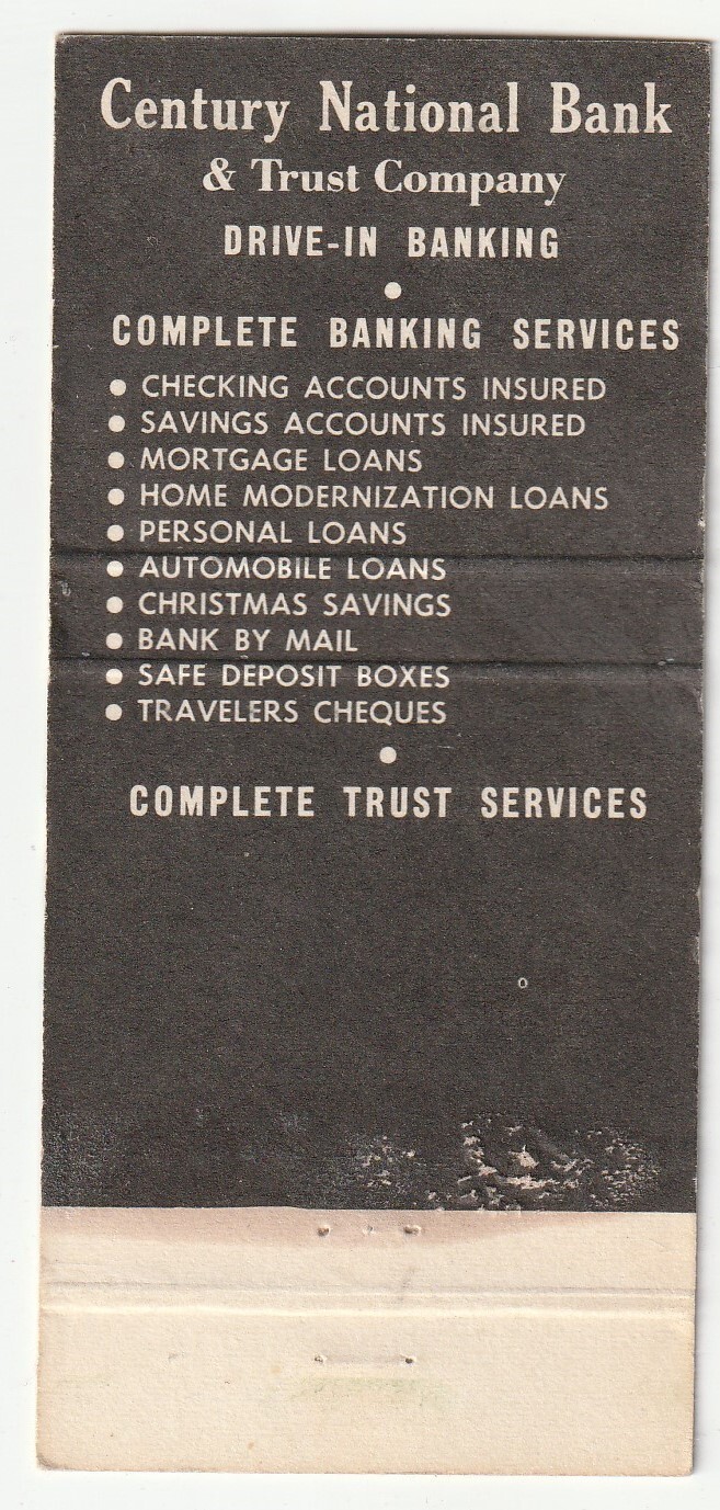 MATCHBOOK COVER – CENTURY NATIONAL BANK – ROCHESTER CHIPPEWA PENNSYLVANIA