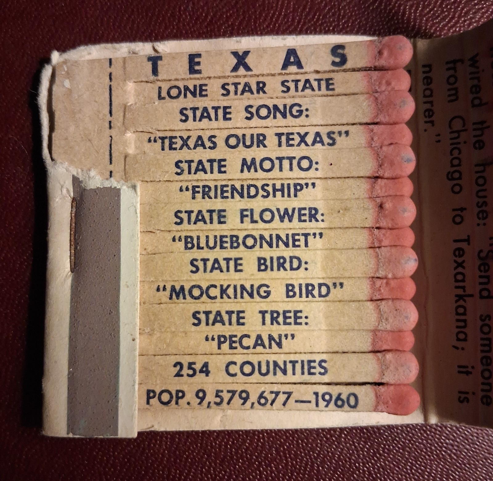 United States Congress ~ Texarkana Texas ~ Salvaged Historic Matchbook.