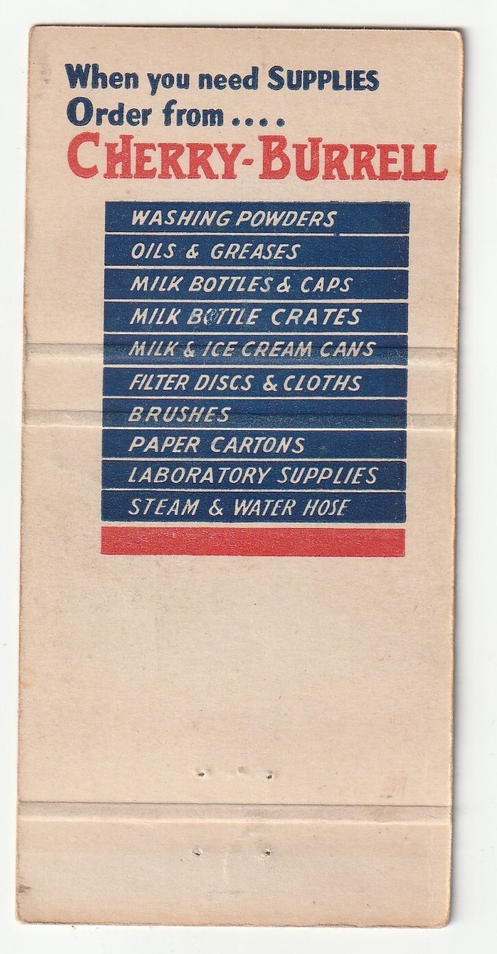 MATCHBOOK COVER – CHERRY BURRELL MILKING SUPPLIES – JAKEMAN – SYRACUSE NEW YORK