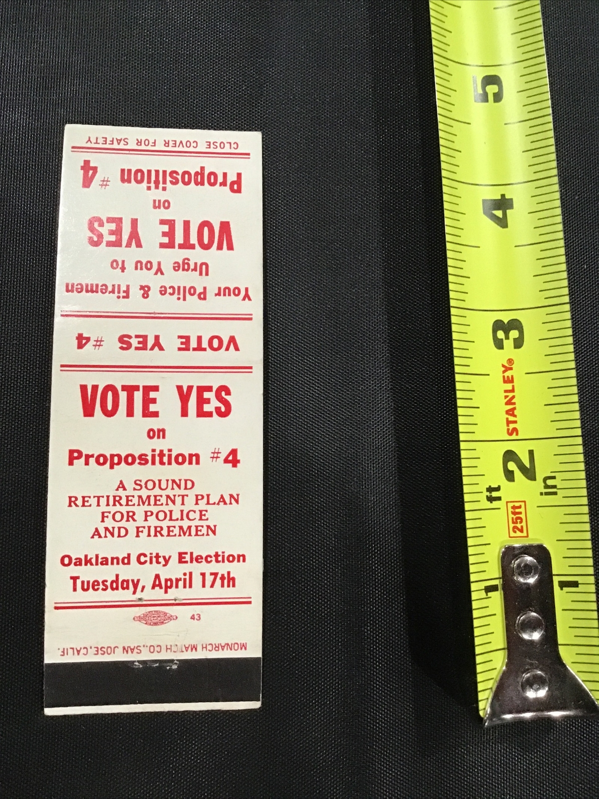 Vote Yes Prop #4 Retirement Police & Fireman Matchbook Cover