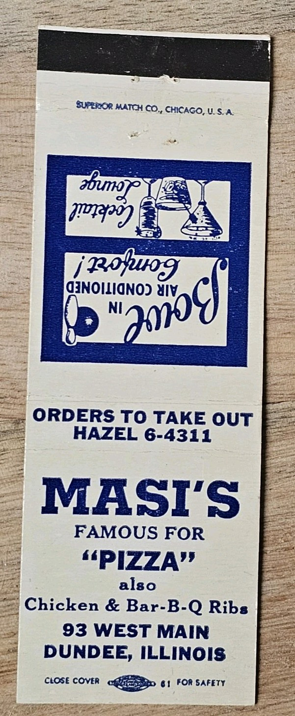 Vintage 1950s Masi’s Pizza Matchbook West Dundee Illinois Bowling Alley BS1A