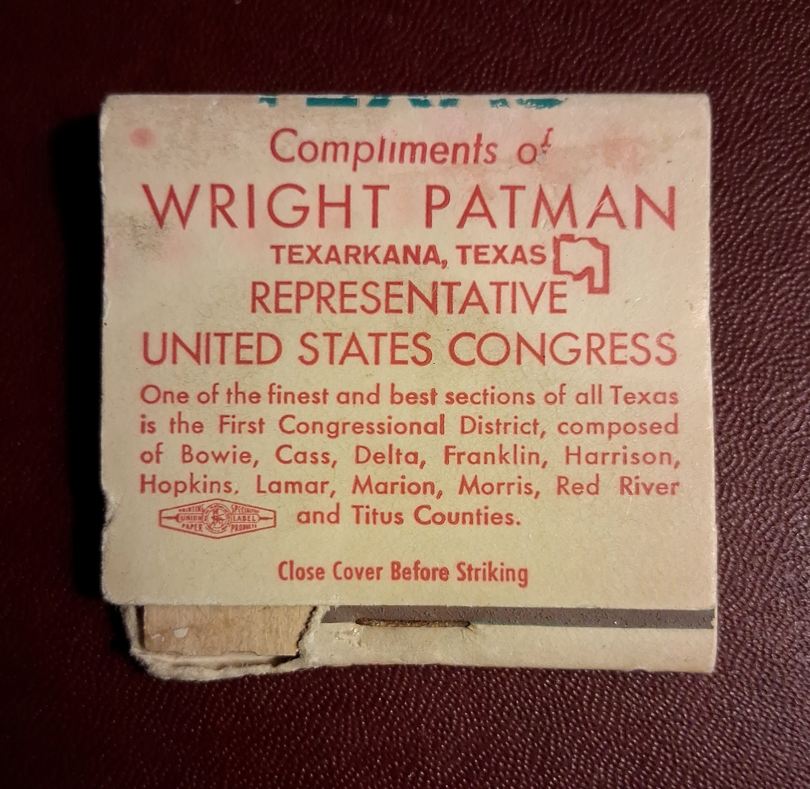 United States Congress ~ Texarkana Texas ~ Salvaged Historic Matchbook.
