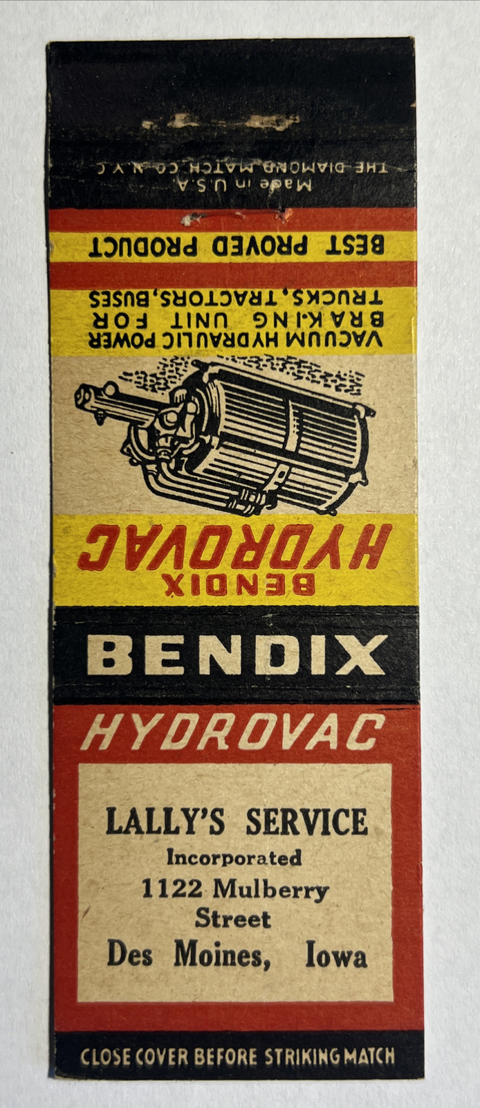 Vintage Matchbook Cover Bendix Hydrovac Lally’s Service – Des Monies, Iowa
