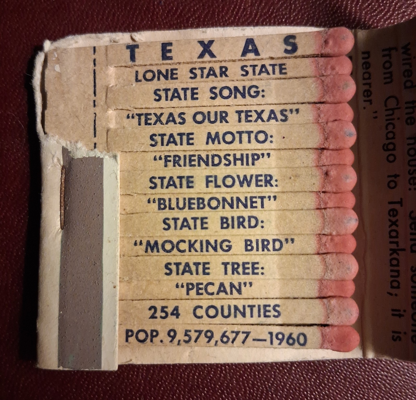 United States Congress ~ Texarkana Texas ~ Salvaged Historic Matchbook.