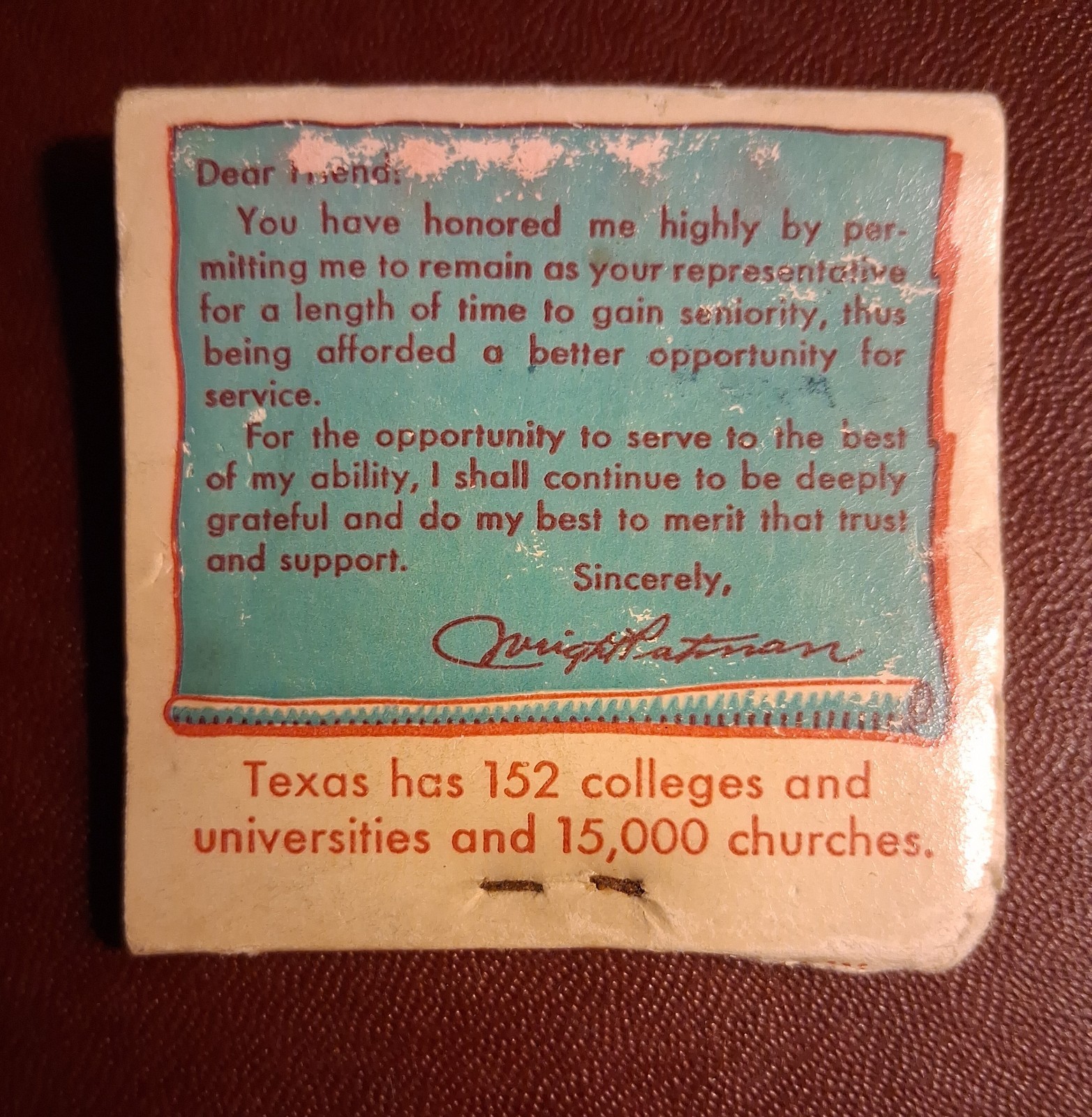 United States Congress ~ Texarkana Texas ~ Salvaged Historic Matchbook.