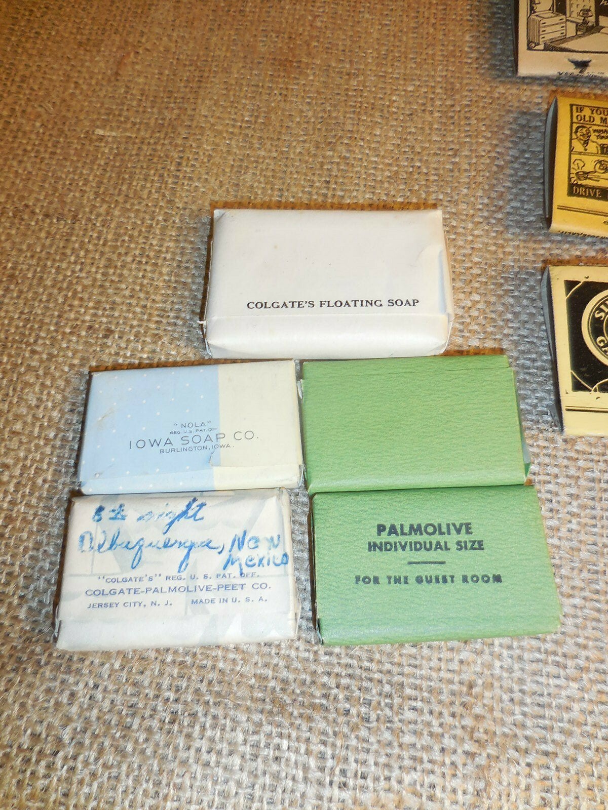 lot of Vintage Matchbox and hotel soaps,cardboard advertising case included