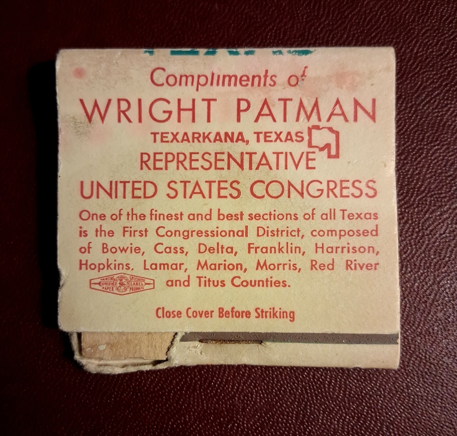 United States Congress ~ Texarkana Texas ~ Salvaged Historic Matchbook.