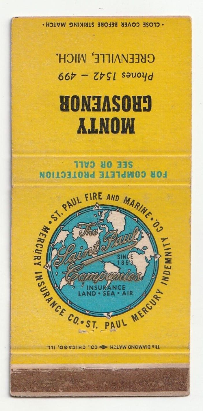 MATCHBOOK COVER – MERCURY INSURANCE – MONTY GROSVENOR – GREENVILLE MICHIGAN