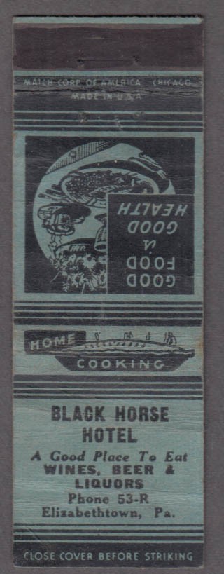 Black Horse Hotel & Restaurant Elizabethtown PA matchcover