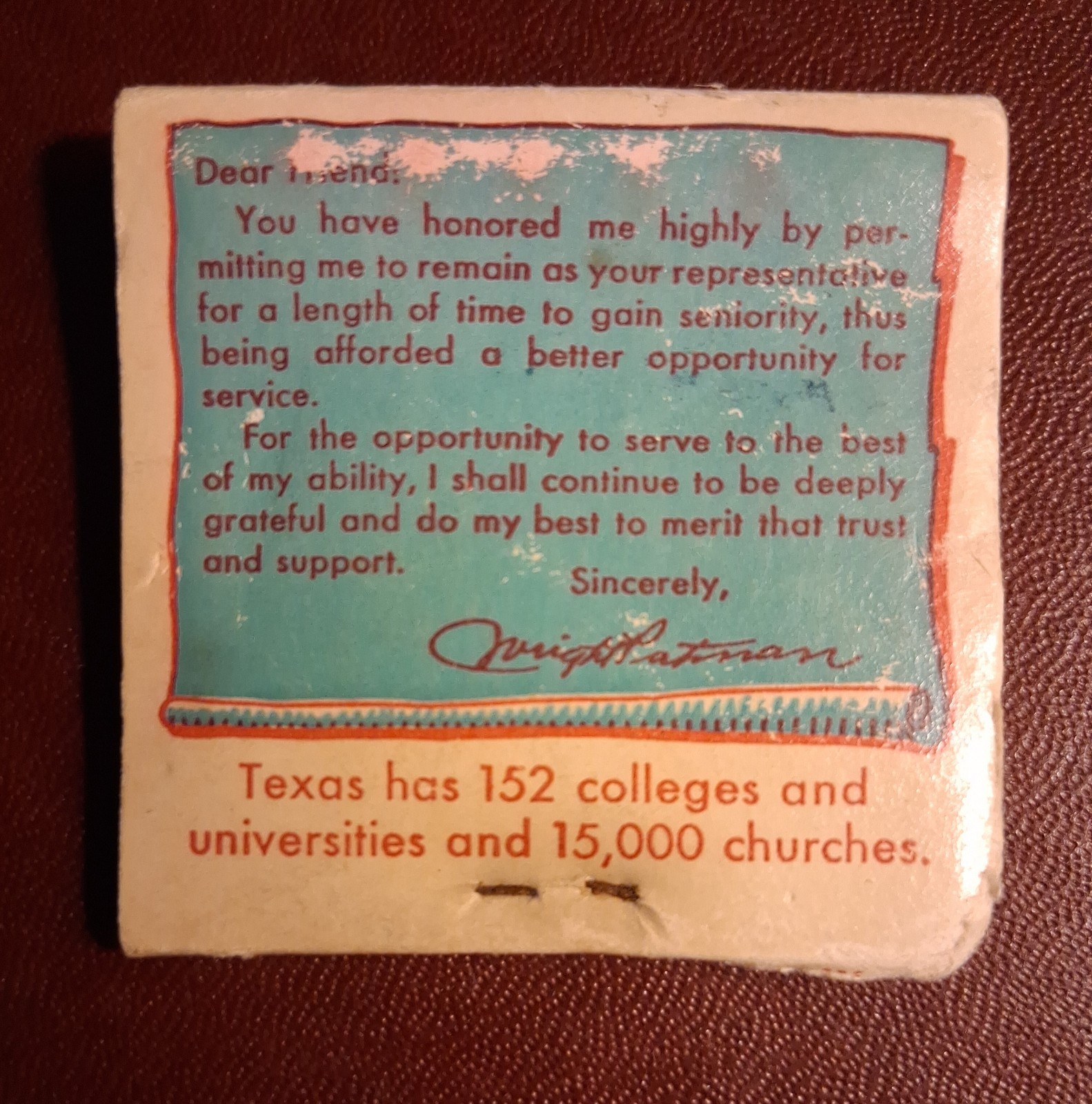 United States Congress ~ Texarkana Texas ~ Salvaged Historic Matchbook.