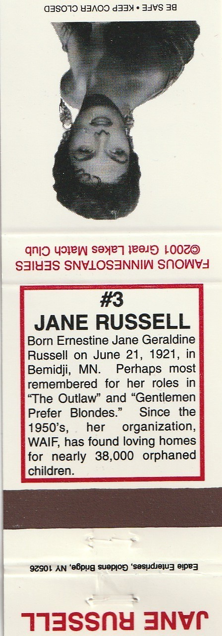 MATCHBOOK COVER – FAMOUS MINNESOTANS – JANE RUSSELL – UNSTRUCK