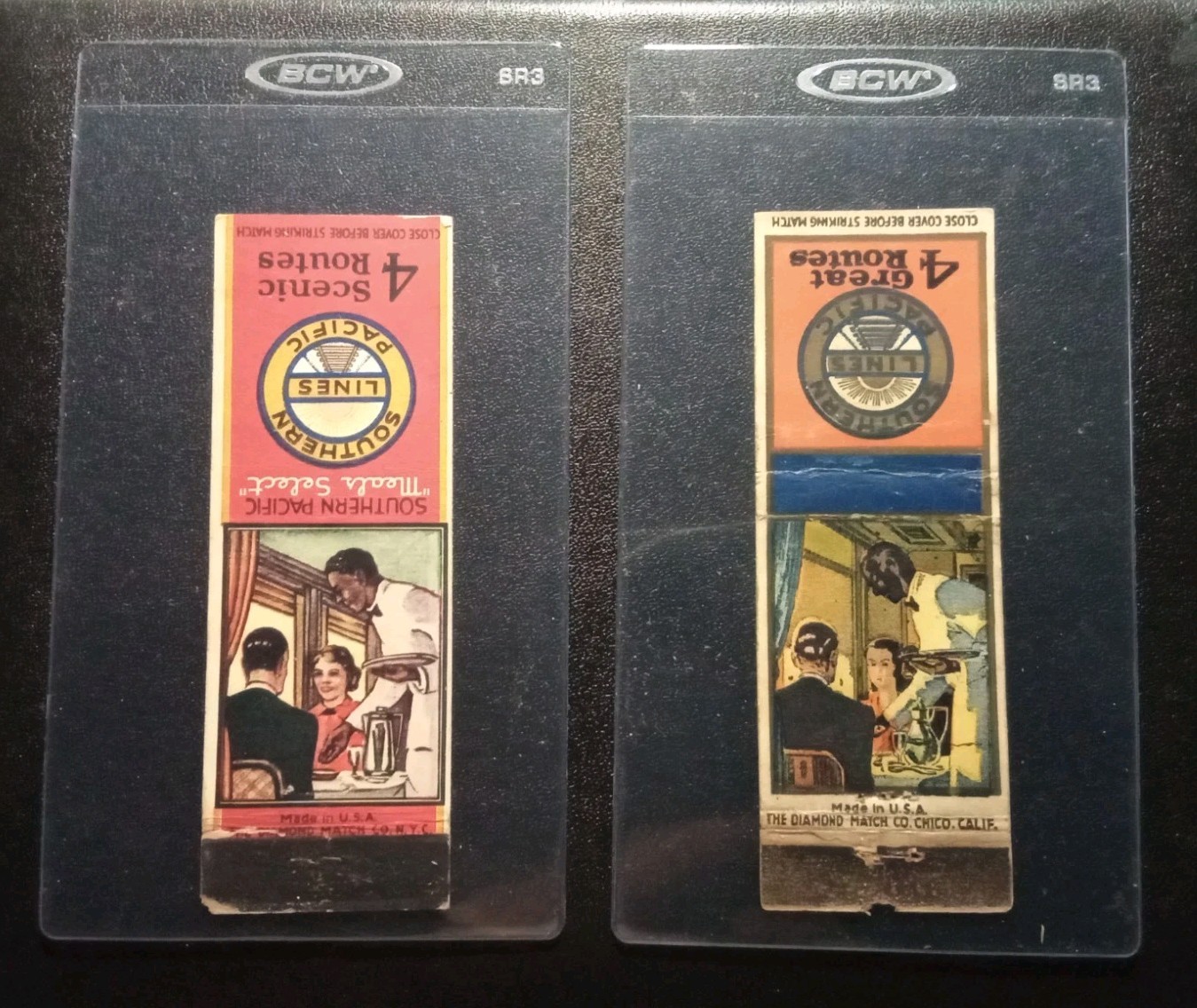 Southern Pacific Lines Black Dining Railroad Car Waiter Matchcovers (2) 1940s