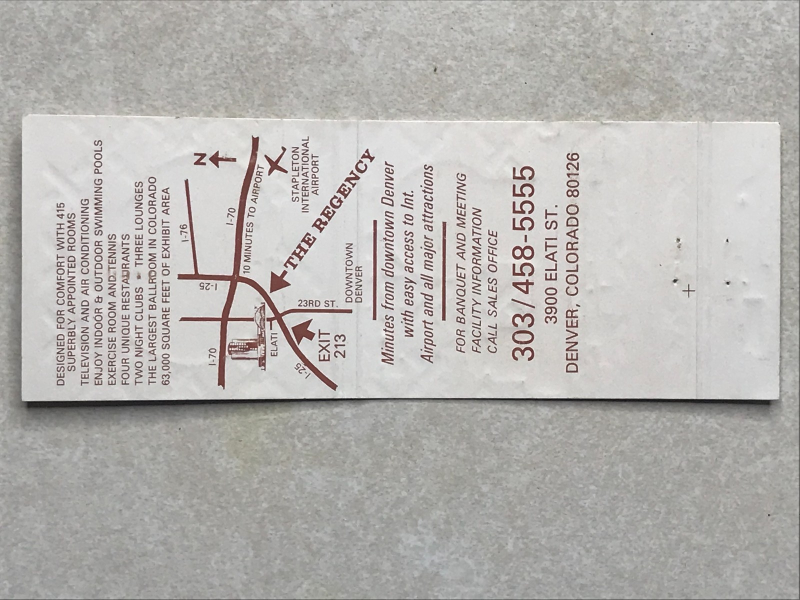 WB618 5″ Long Matchbook Cover The Regency Denver Best Western Denver Colorado CO