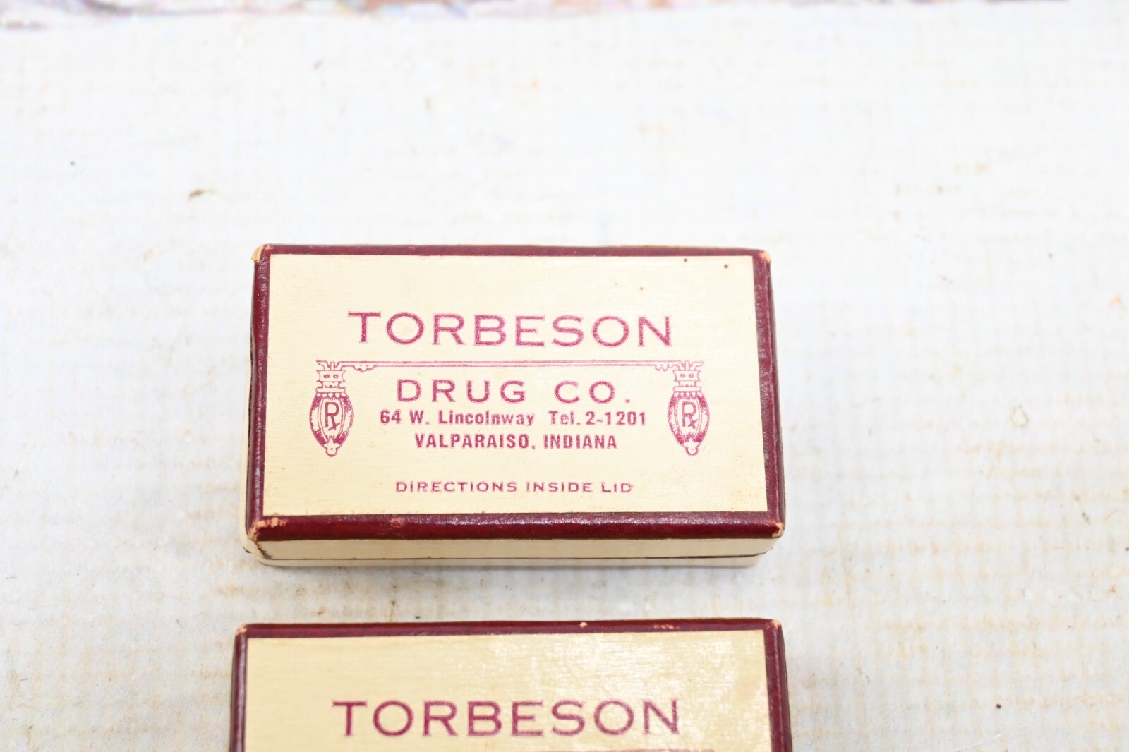 2 Old Rare Torbeson Drug Co. Valparaiso IN Antique Cardboard Prescription Boxes