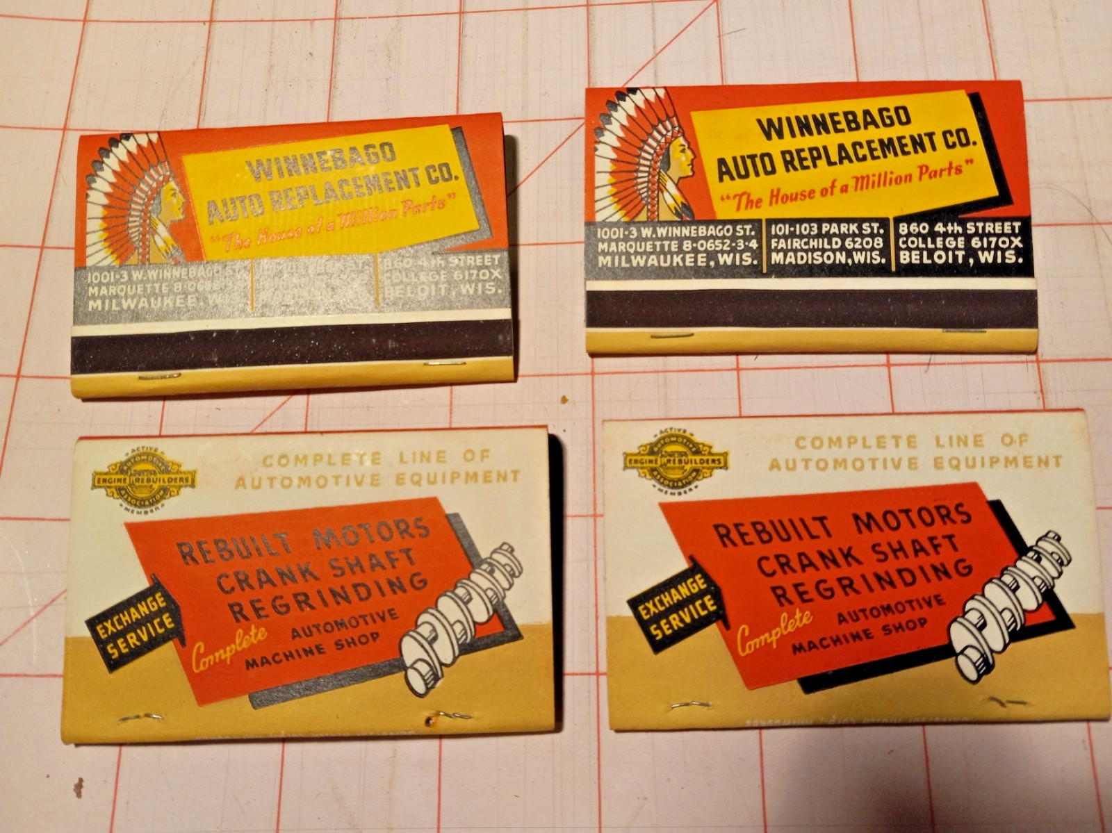 WB442 Matchbook Cover Wide Winnebago Auto Replacement Co Milwaukee Madison WI