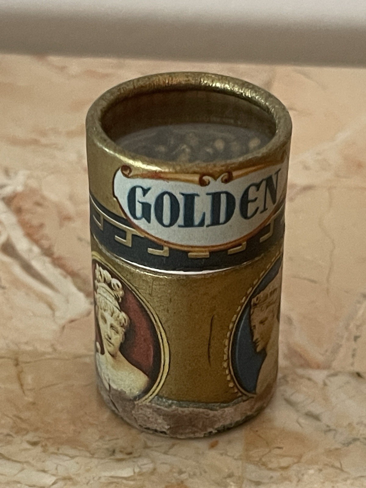 Vintage Golden Cameos Stick Matches in Original Cardboard Canister
