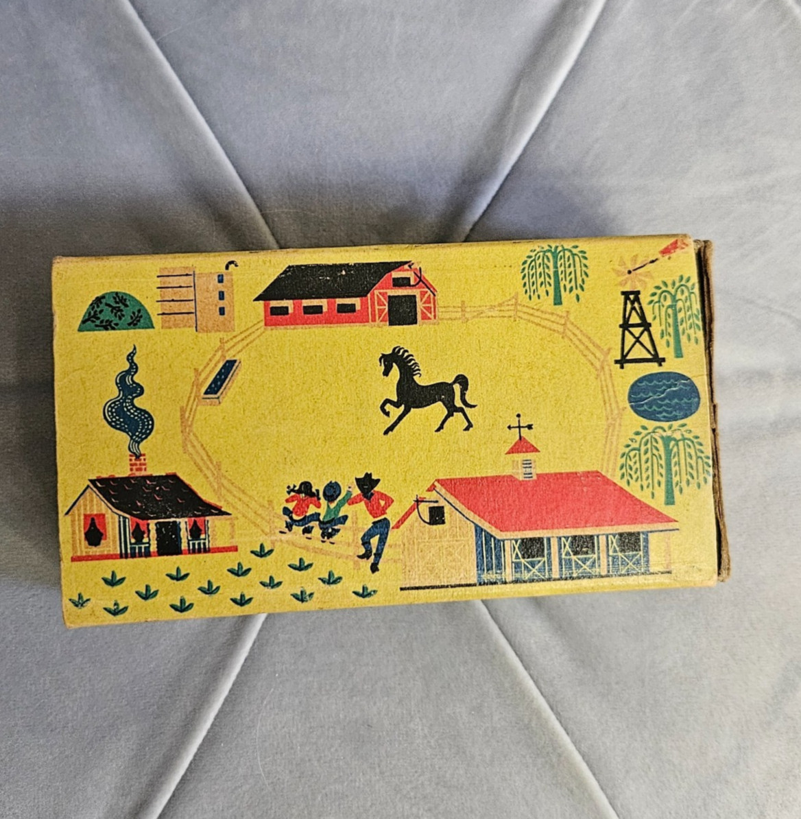 Vintage 1955 Ohio Blue Tip Matchbox Empty Cardboard Box Ranch Scene Cowboy Horse