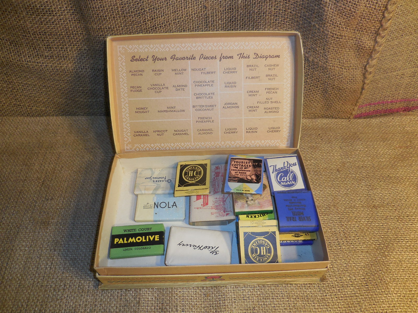 lot of Vintage Matchbox and hotel soaps,cardboard advertising case included
