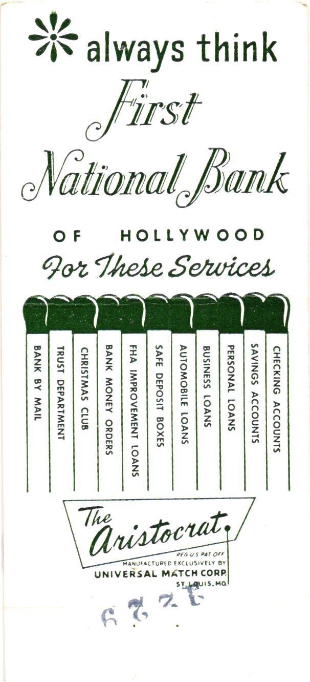 First National Bank Hollywood FL Vintage Matchbook Cover 1950s-60s