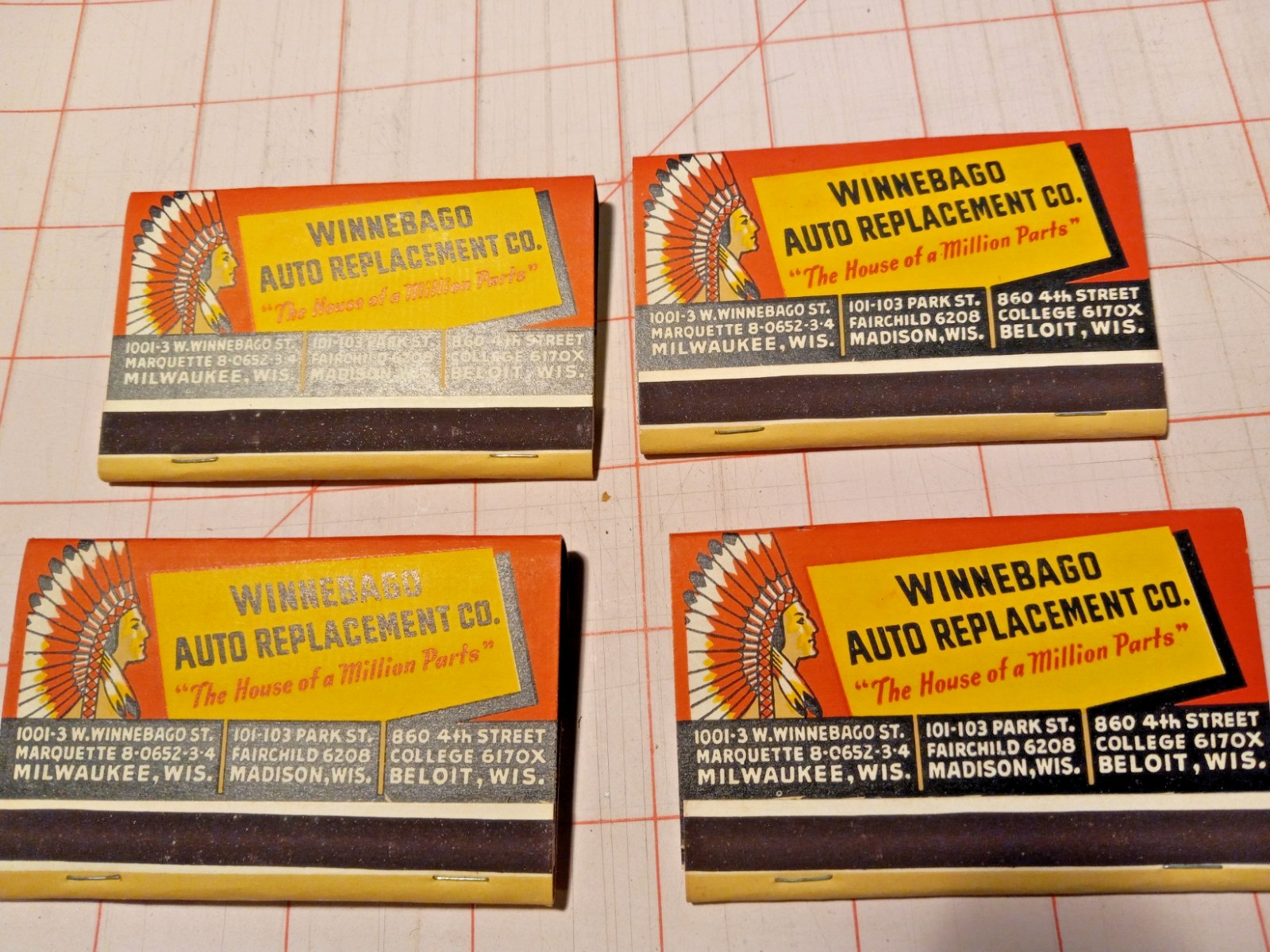 WB442 Matchbook Cover Wide Winnebago Auto Replacement Co Milwaukee Madison WI