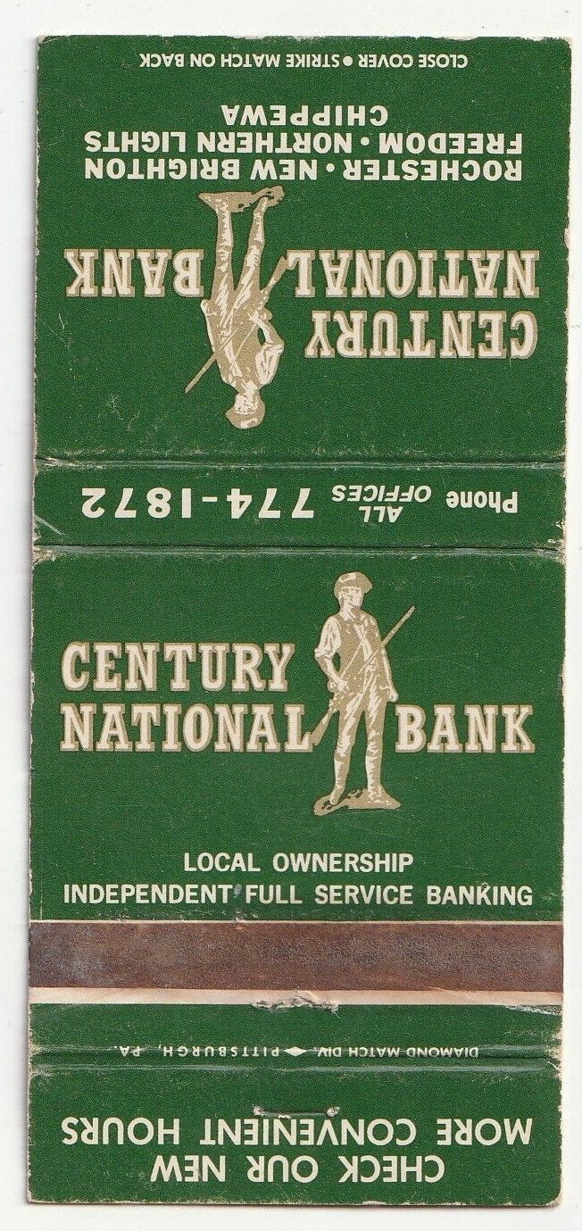 MATCHBOOK COVER – CENTURY NATIONAL BANK – ROCHESTER CHIPPEWA PENNSYLVANIA