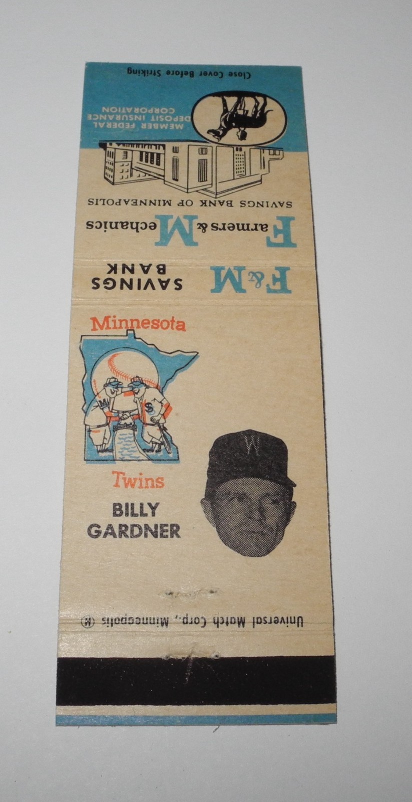 Vintage 1961 Baseball Billy Gardner Minnesota Twins Souvenir Matchbook Match