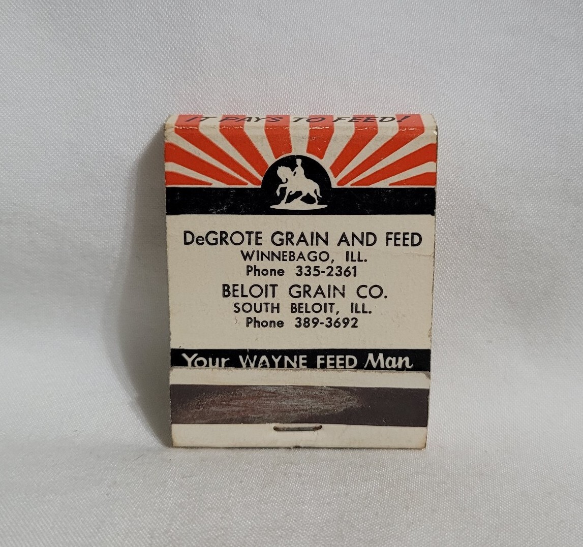 Vintage Matchbook Cover DeGrote Beloit Grain Wayne Feed Illinois Advertising