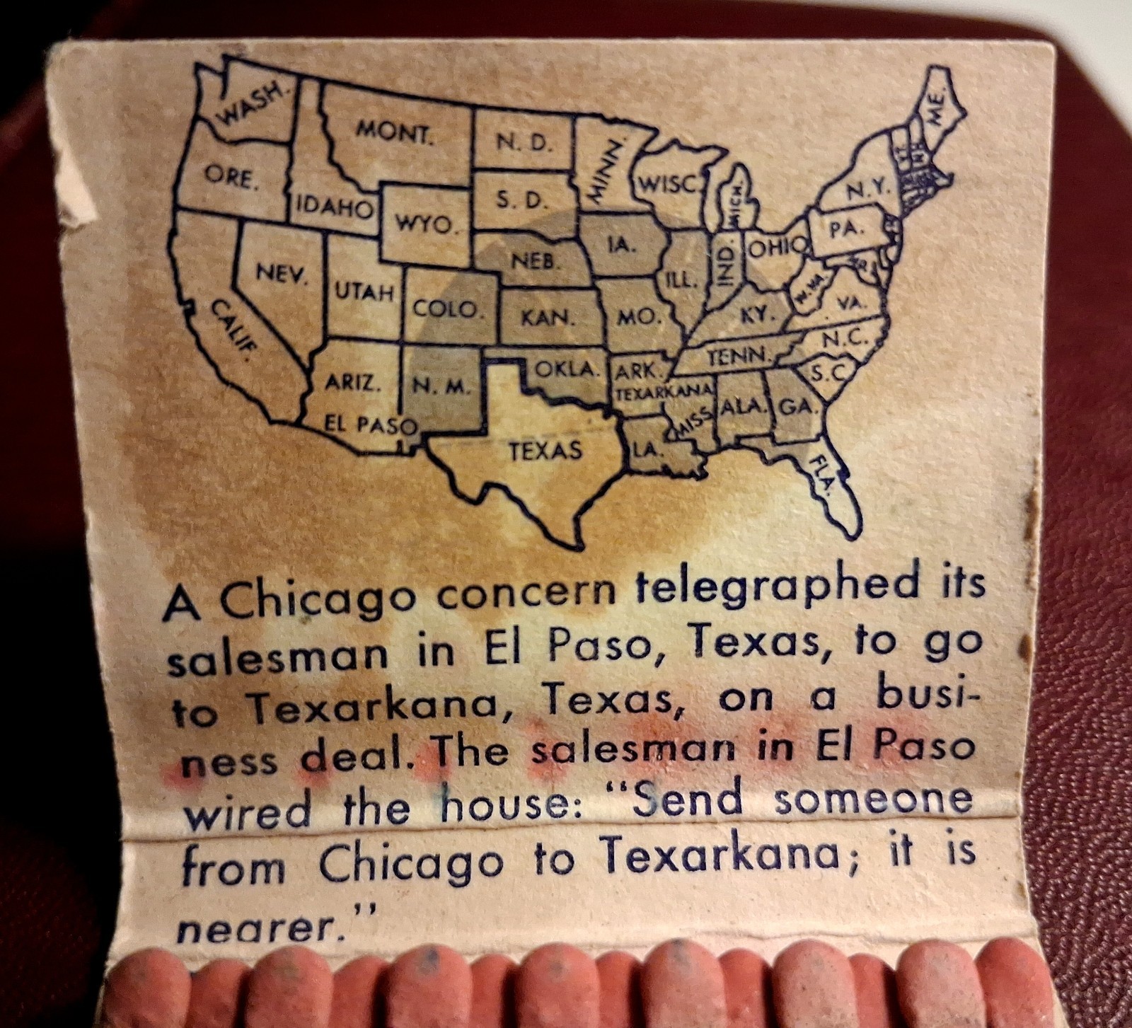 United States Congress ~ Texarkana Texas ~ Salvaged Historic Matchbook.