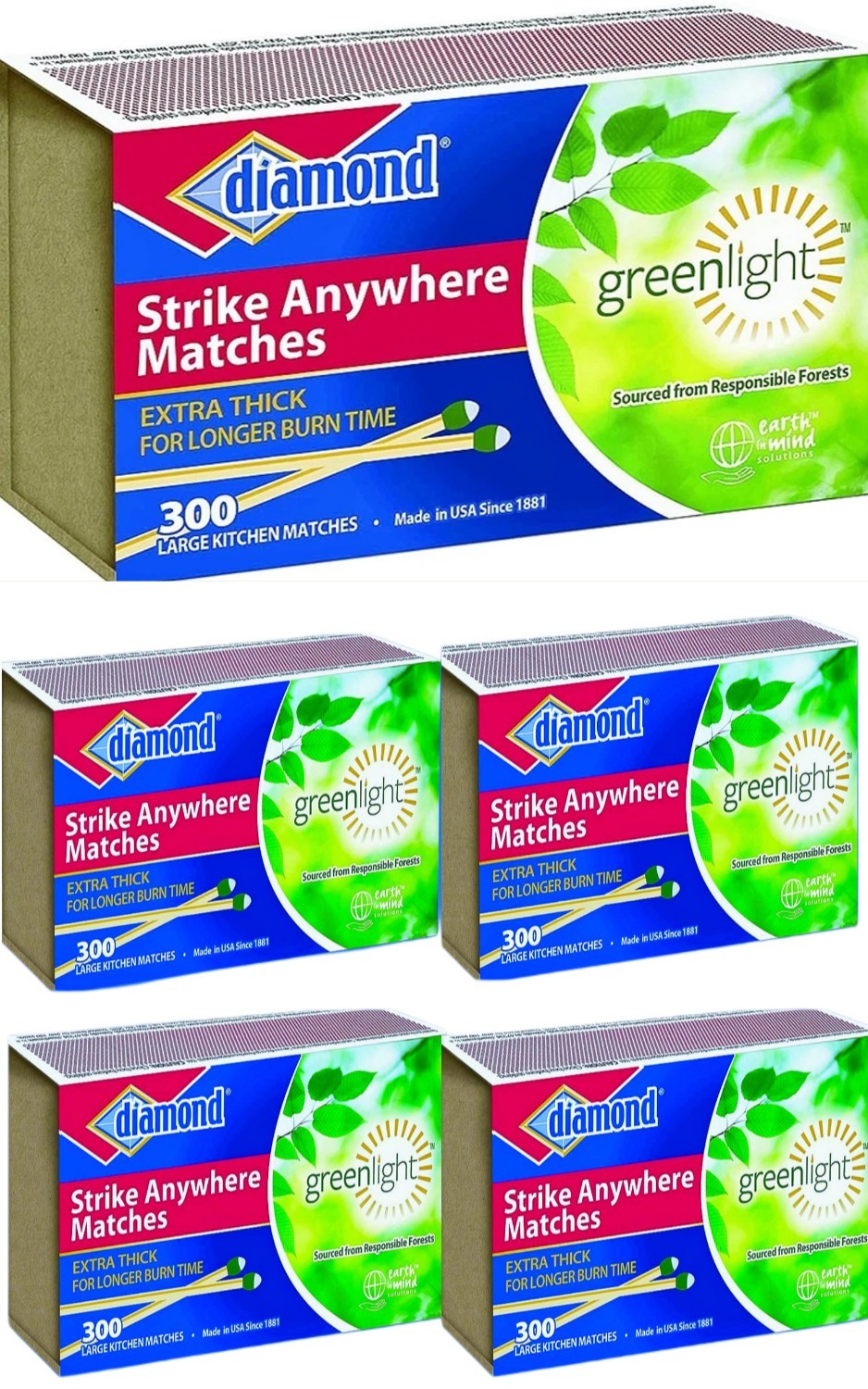 (5 Boxes) Vintage Diamond Strike Anywhere Matches 300ct Total 1500 Free Shipping