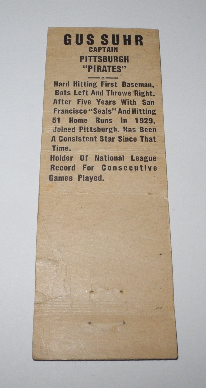 Baseball Gus Suhr Pittsburgh Pirates Liquor Store Souvenir Matchbook Match