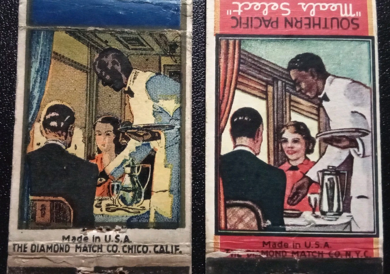 Southern Pacific Lines Black Dining Railroad Car Waiter Matchcovers (2) 1940s
