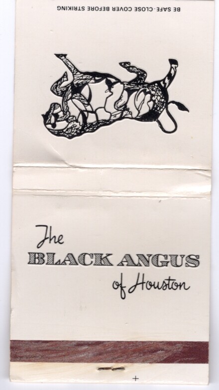 Black Angus Restaurant Used Matchbook 1980s Houston Texas Weslayan at W. Alabama