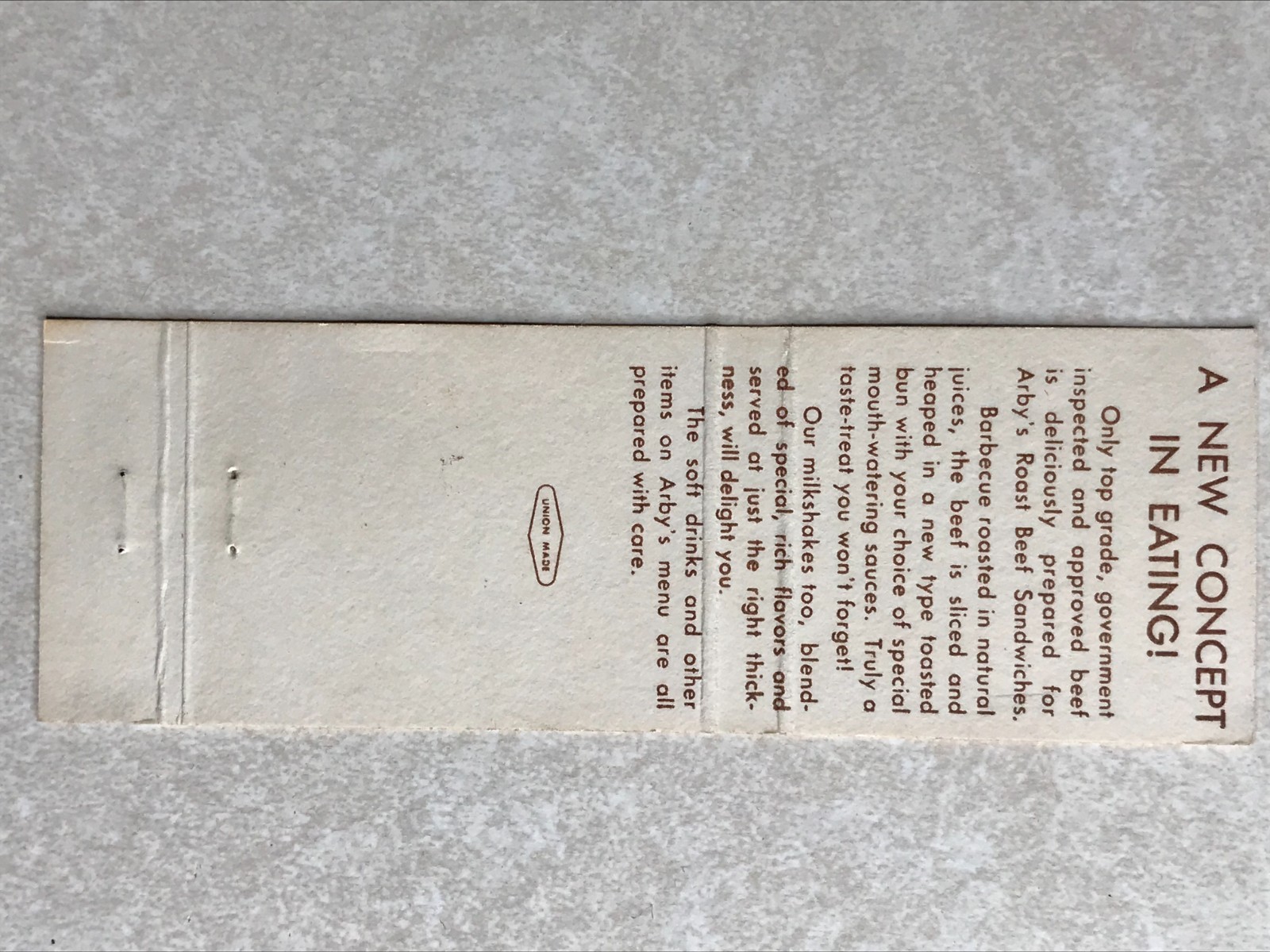 BH524 Matchbook Postcard Arbys Restaurant National Chain United States US
