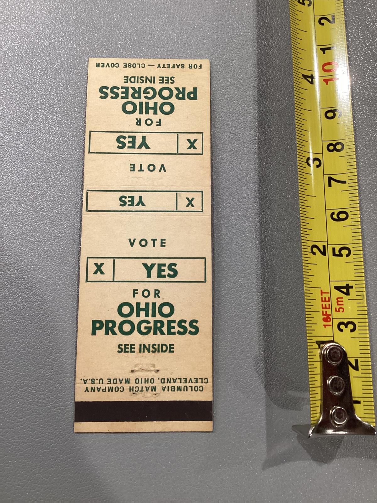Vote Yes For Ohio Progress Vintage Matchbook Cover