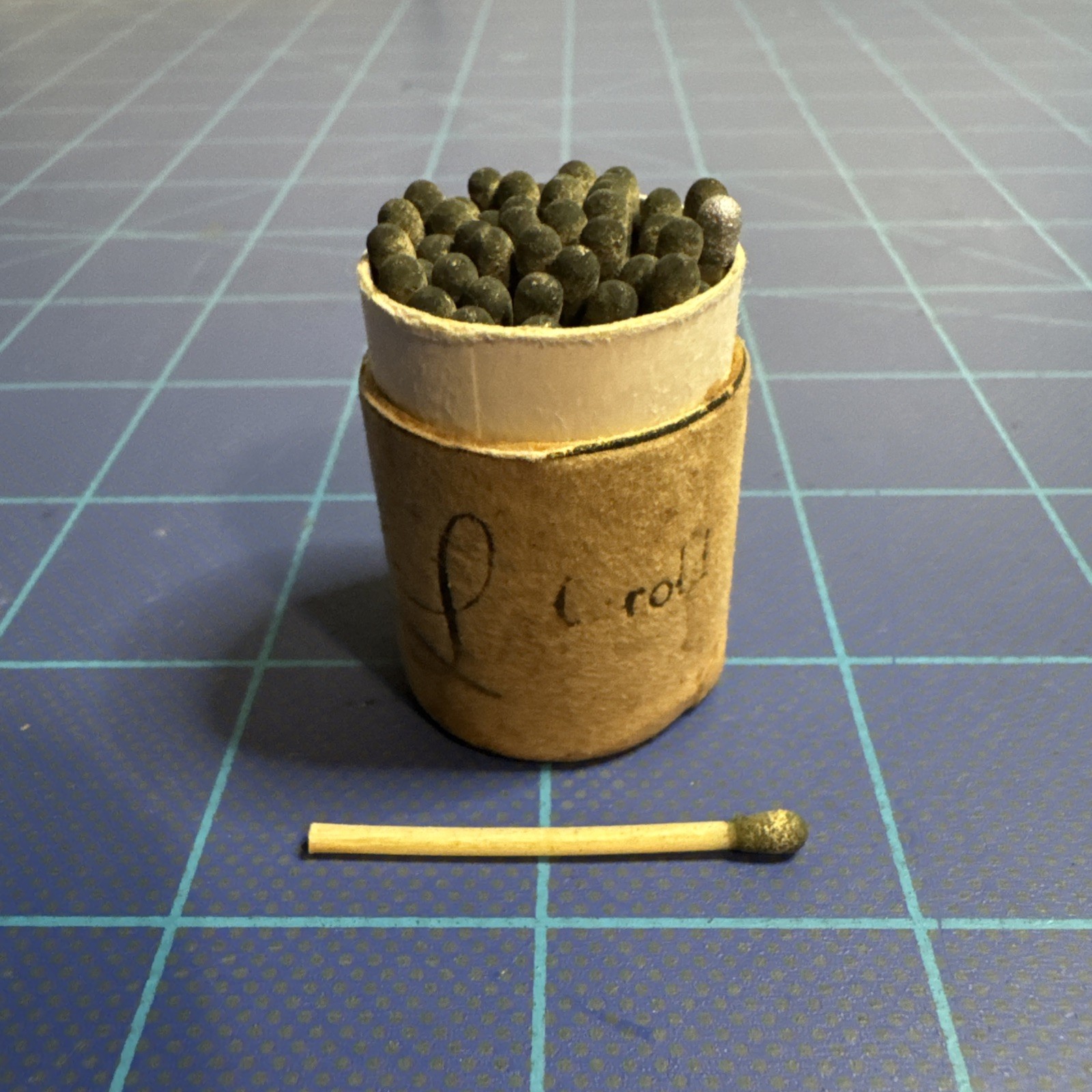 Vintage wood matches in small cardboard canister, Full