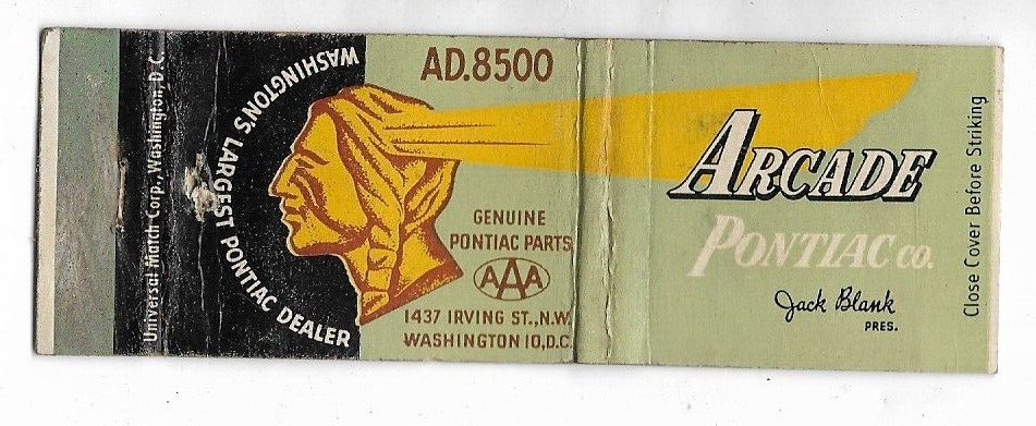 Vintage 1940’s Arcade Pontiac Jack Black Pres. Washington DC Matchbook Cover
