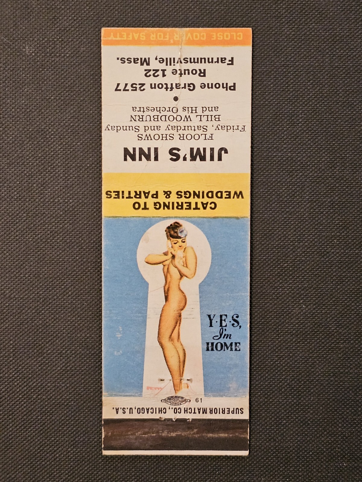 SEXIST VINTAGE Matchbook Cover Pinup Jim’s Inn Farnumsville MA Yes I’m Home